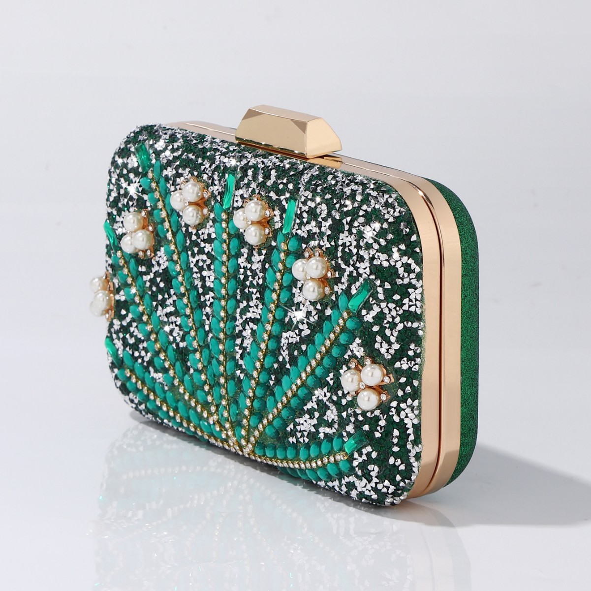 Luxury Rhinestone & Pearl Embe - Luxury Bags Green review and price